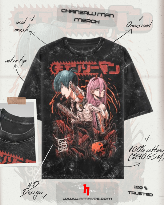 Chainsaw Man Acid-Wash Tee — Denji & Makima Front Print (Unisex Oversized) - amhype