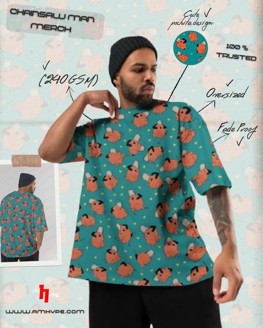 Chainsaw Man All-Over Print Tee — Cartoon Pochita Pattern (Oversized Unisex) - amhype