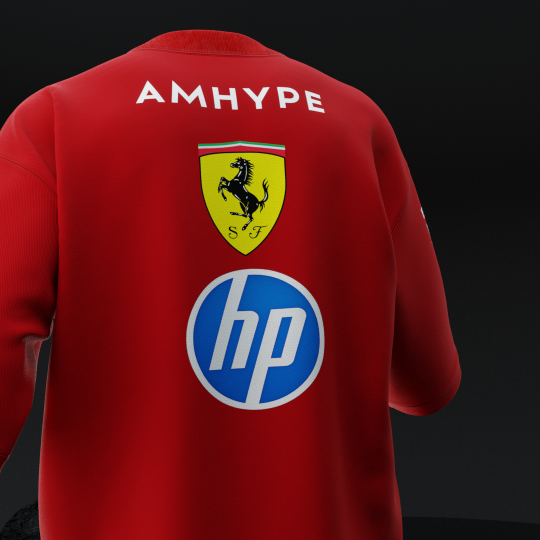 Close-up of Ferrari Pitstop oversized tee back neck showing AMHYPE wordmark, Ferrari shield and HP logo print