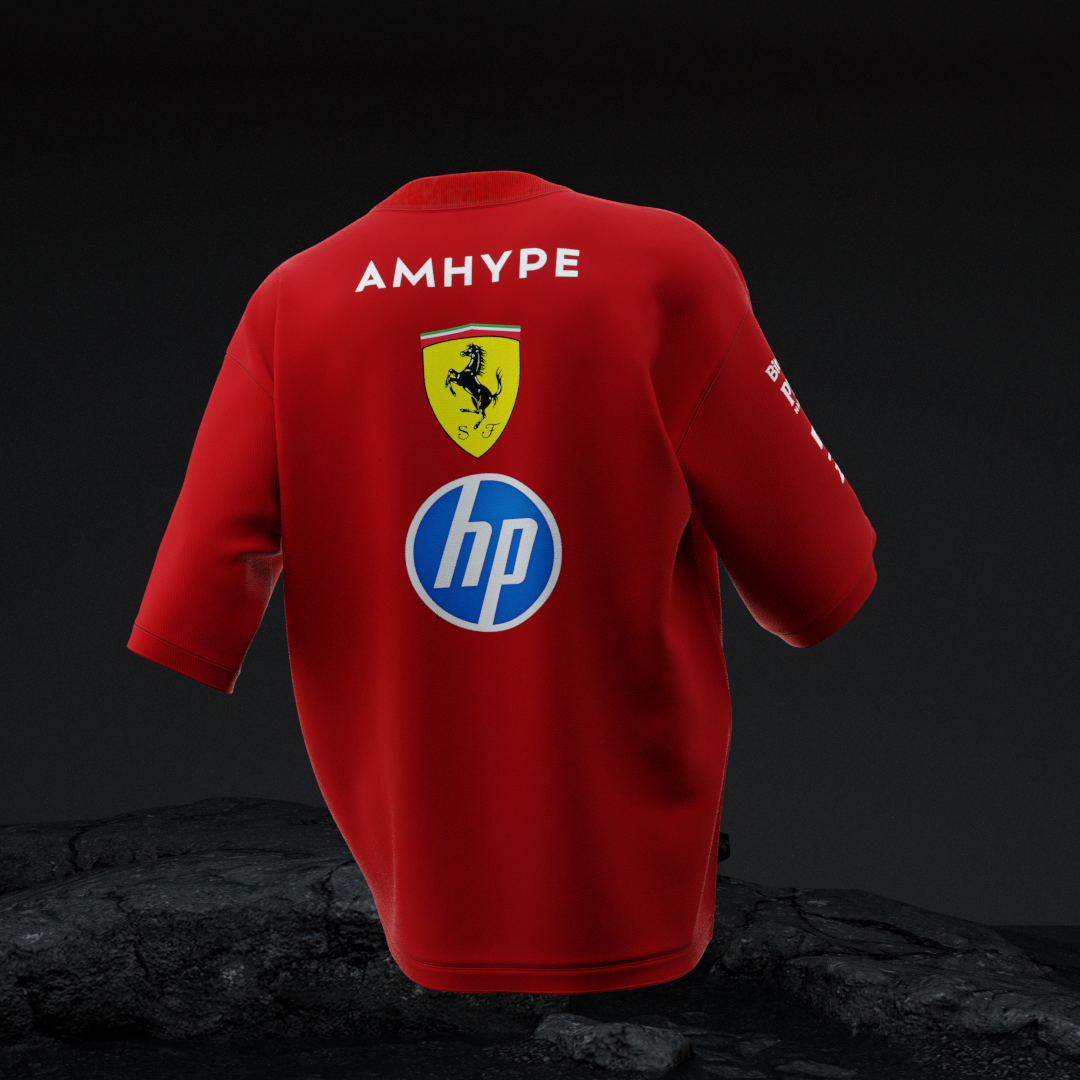 Full back view of AMHYPE Ferrari Pitstop Team oversized tee in red 260 GSM cotton with drop-shoulder fit