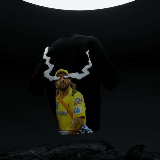 Close-up of amhype MS Dhoni Crown 7 oversized tee — flame crown above number 7 white print on black front, 260 GSM terry cotton