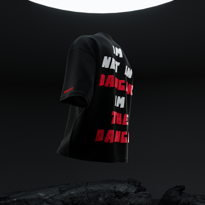 Side angle of amhype Heisenberg I'm The Danger oversized tee — 3D puff back typography and AMHYPE red sleeve branding on black 260 GSM drop shoulder tee