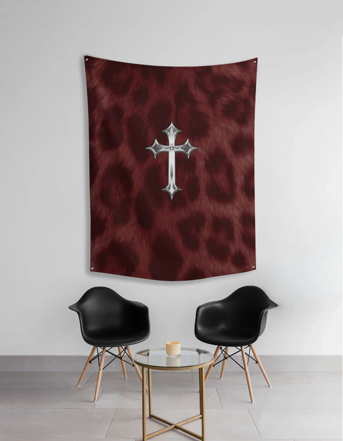 Jesus Cross Wall Tapestry – Red Cheetah Print Background, Lightweight & Easy to Hang - amhype