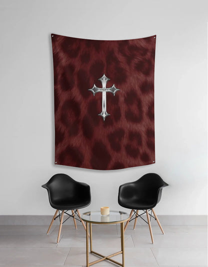 Jesus Cross Wall Tapestry – Red Cheetah Print Background, Lightweight & Easy to Hang - amhype