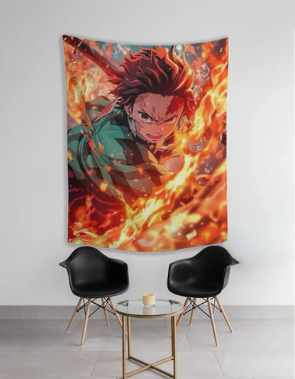 Demon Slayer Wall Tapestry – Tanjiro Fire Scene Anime Room Decor - amhype