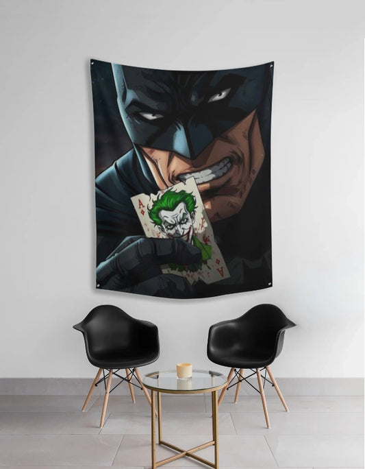 Batman Holding Joker Card Tapestry – Cartoon Style Superhero Wall Art by AmHype - amhype