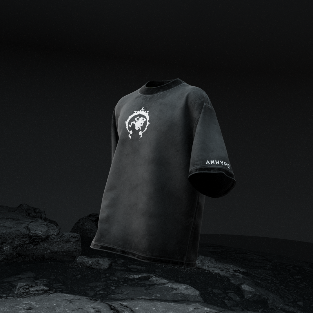 amhype Monkey D. Luffy Gear 5 acid wash oversized tee front — Sun God Nika flame logo on left chest with AMHYPE sleeve branding on black washed cotton