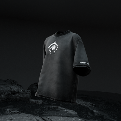 amhype Monkey D. Luffy Gear 5 acid wash oversized tee front — Sun God Nika flame logo on left chest with AMHYPE sleeve branding on black washed cotton