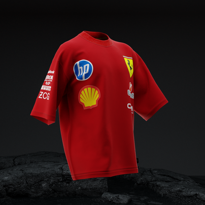 AMHYPE Ferrari Pitstop oversized tee front view with HP, Shell and Ferrari shield logos on red 260 GSM cotton