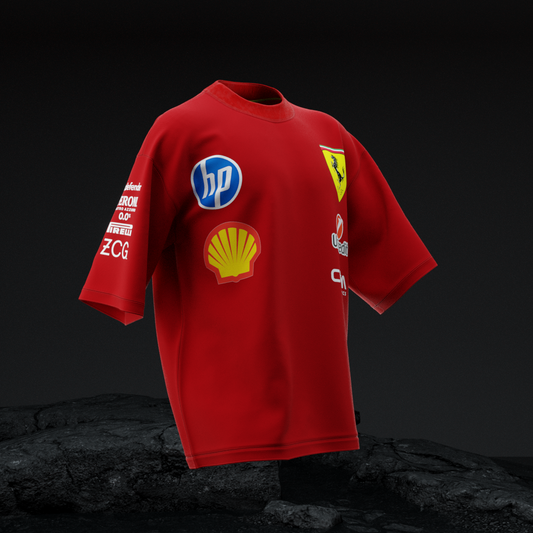AMHYPE Ferrari Pitstop oversized tee front view with HP, Shell and Ferrari shield logos on red 260 GSM cotton