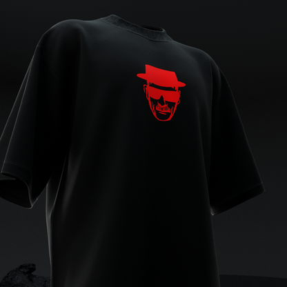 amhype Heisenberg I'm The Danger oversized tee front close-up — red skull icon with fedora hat left chest and AMHYPE red sleeve on black terry
