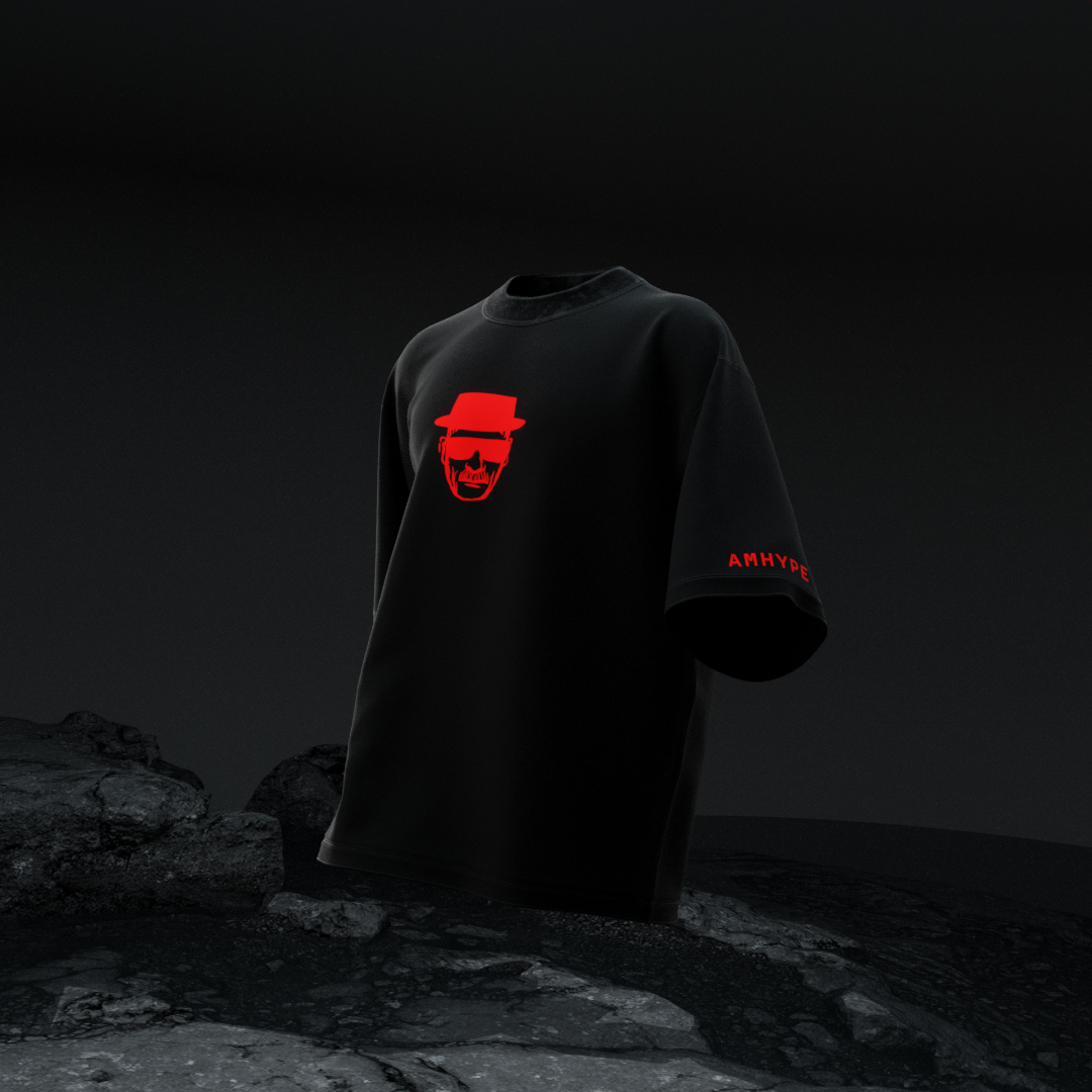 amhype Breaking Bad Heisenberg oversized tee front far view — red Heisenberg skull logo left chest on black 260 GSM drop shoulder terry tee