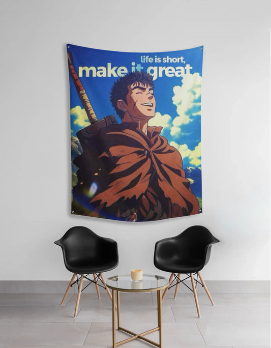 Life Is Short Make It Great tapestry featuring Berserk anime character – aesthetic motivational wall art