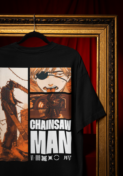 Chainsaw Man Oversized Terry Tee — Japanese/English Front & Vintage Back Collage