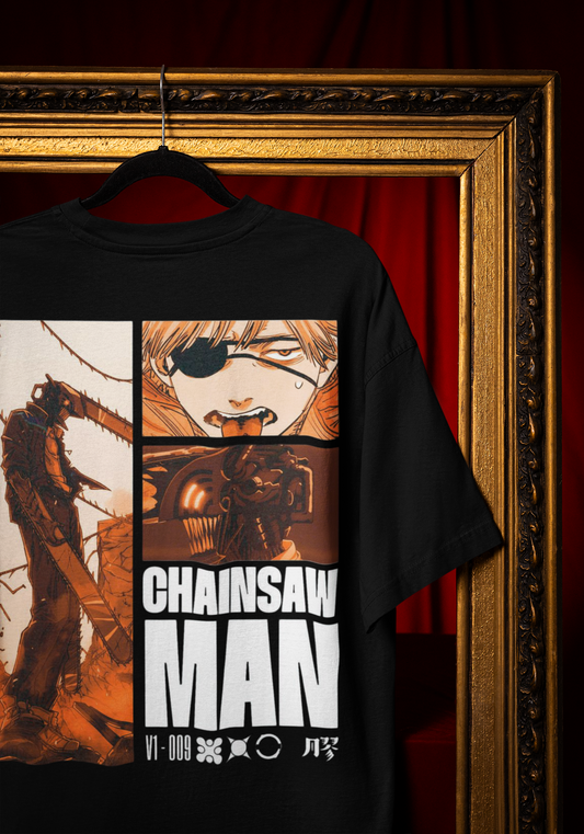 Chainsaw Man Oversized Terry Tee — Japanese/English Front & Vintage Back Collage