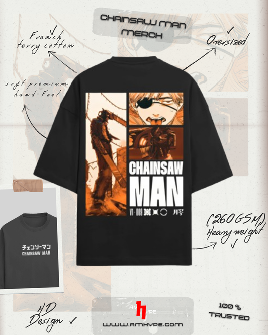 Chainsaw Man Oversized Terry Tee — Japanese/English Front & Vintage Back Collage - amhype