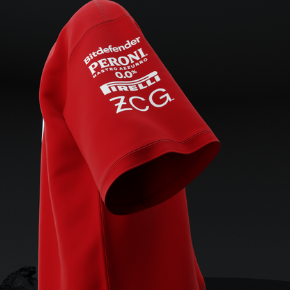 Right sleeve detail of Ferrari Pitstop oversized tee with Bitdefender, Peroni, Pirelli and ZCG sponsor logos