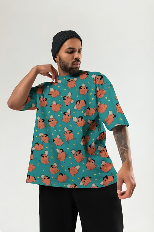 Chainsaw Man All-Over Print Tee — Cartoon Pochita Pattern (Oversized Unisex)