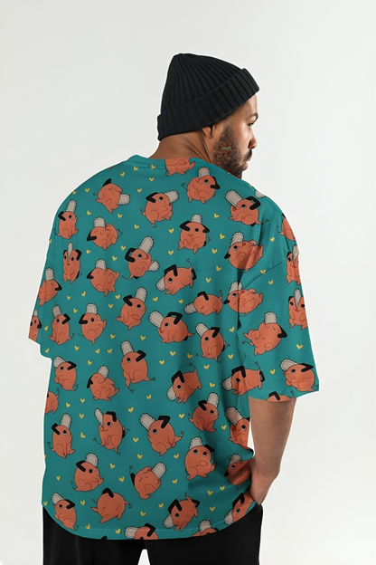 Chainsaw Man All-Over Print Tee — Cartoon Pochita Pattern (Oversized Unisex)
