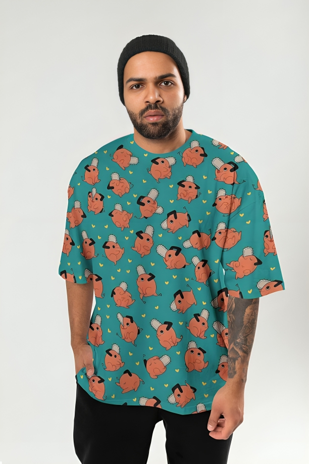 Chainsaw Man All-Over Print Tee — Cartoon Pochita Pattern (Oversized Unisex)