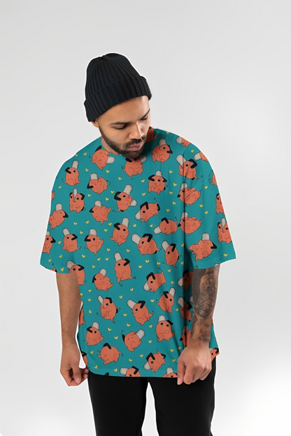 Chainsaw Man All-Over Print Tee — Cartoon Pochita Pattern (Oversized Unisex)